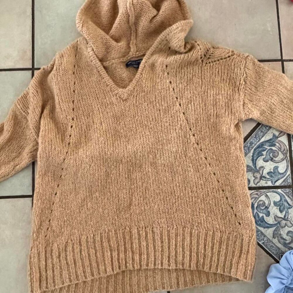 AMERICAN EAGLE Tan Hooded Knit Sweater Pullover Hoodie Casual Cozy Winterwear